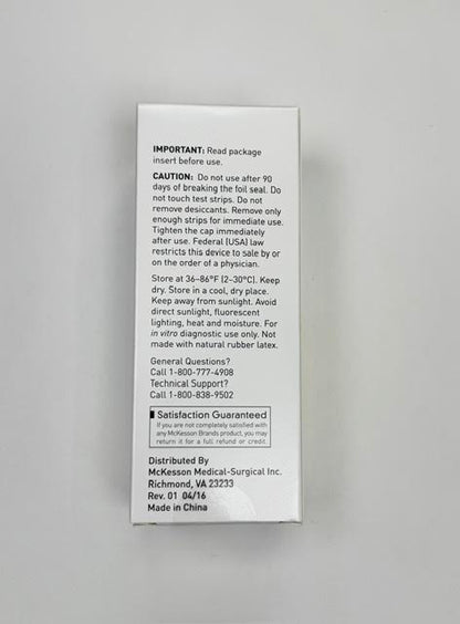 The diagnostic caution and technical warnings label on the back of a McKesson 121-2GP 2GP urine reagent strip box.