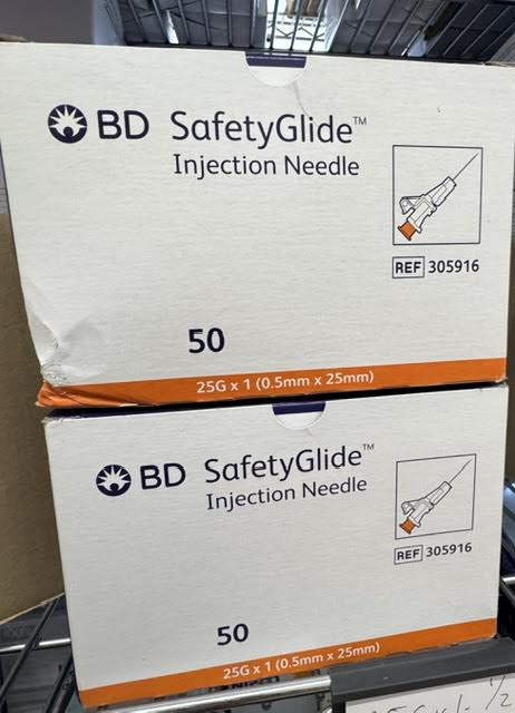 Two boxes of BD SafetyGlide 305916 shielding hypodermic needles 25 G x 1 inch at Lexicon Medical Supply.