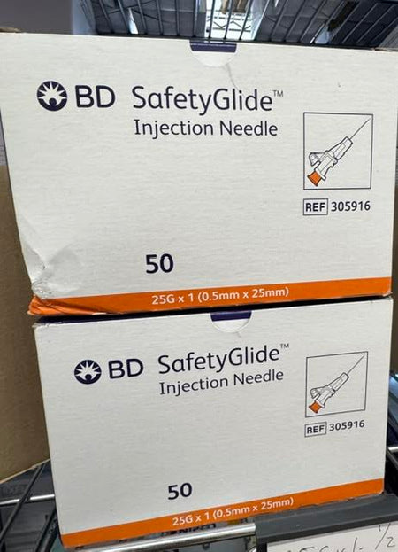 Two boxes of BD SafetyGlide 305916 shielding hypodermic needles 25 G x 1 inch at Lexicon Medical Supply.
