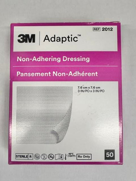 A box of 50 3M Adaptic 2012 non-adhering dressings 3x3 inch impregnated with petrolatum emulsion at Lexicon Medical Supply.