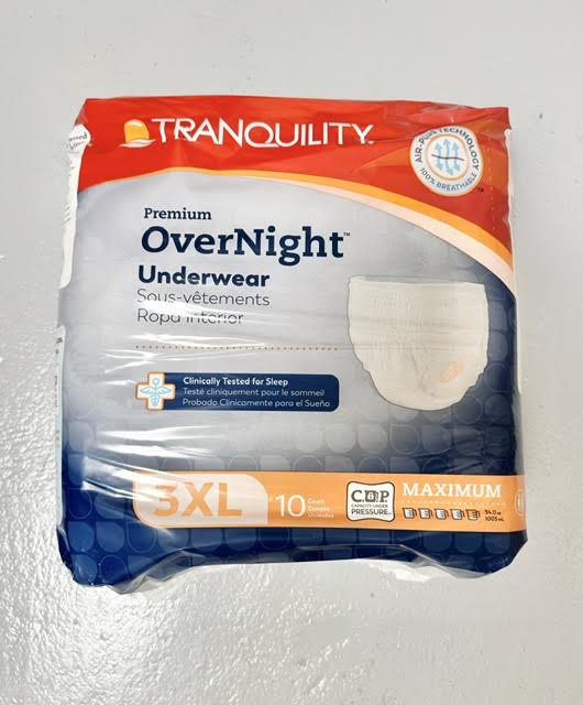 A retail bag of 10 Tranquility Premium OverNight 2119 3XL disposable absorbent underwear at Lexicon Medical Supply.