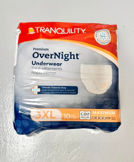 A retail bag of 10 Tranquility Premium OverNight 2119 3XL disposable absorbent underwear at Lexicon Medical Supply.