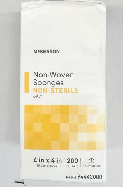 A pack of 200 McKesson 94442000 non-sterile 4 x 4 inch 4-ply non-woven gauze sponges at Lexicon Medical Supply.