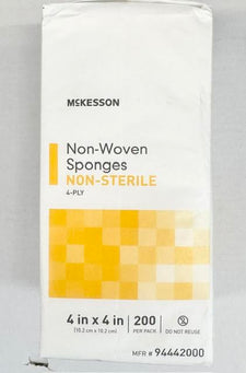 A pack of 200 McKesson 94442000 non-sterile 4 x 4 inch 4-ply non-woven gauze sponges at Lexicon Medical Supply.