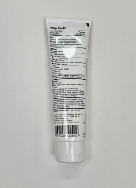 The Drug Facts label on the back of a Smith and Nephew Secura 59432200 tube showing the 5 percent dimethicone active ingredient.