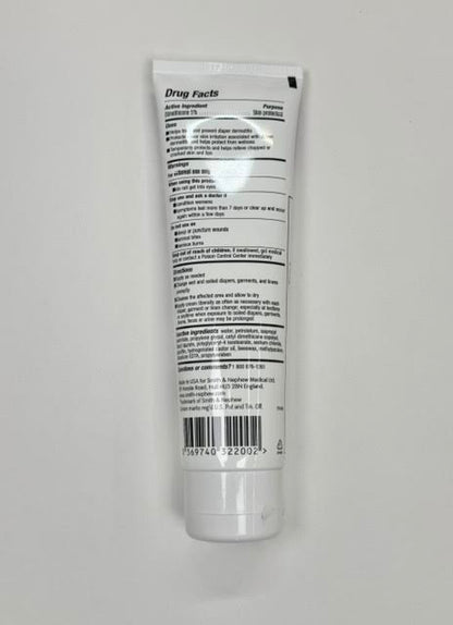 The Drug Facts label on the back of a Smith and Nephew Secura 59432200 tube showing the 5 percent dimethicone active ingredient.