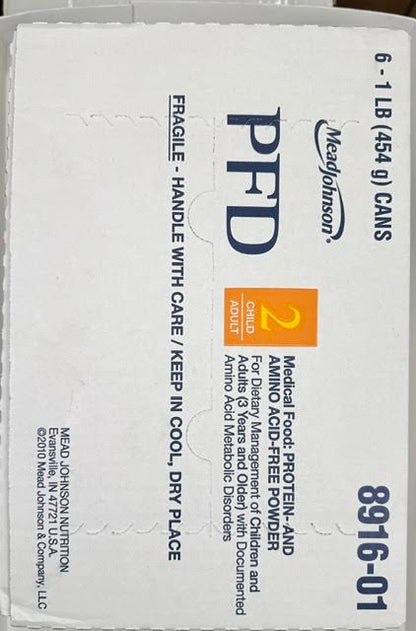 A sealed factory wholesale case pack of 6 cans of Mead Johnson 891601 PFD 2 protein-free medical food powder at Lexicon Medical Supply.