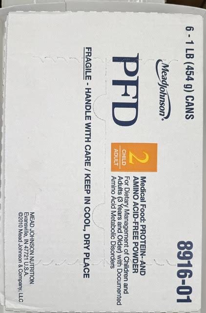 A sealed factory wholesale case pack of 6 cans of Mead Johnson 891601 PFD 2 protein-free medical food powder at Lexicon Medical Supply.