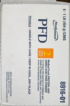 A sealed factory wholesale case pack of 6 cans of Mead Johnson 891601 PFD 2 protein-free medical food powder at Lexicon Medical Supply.