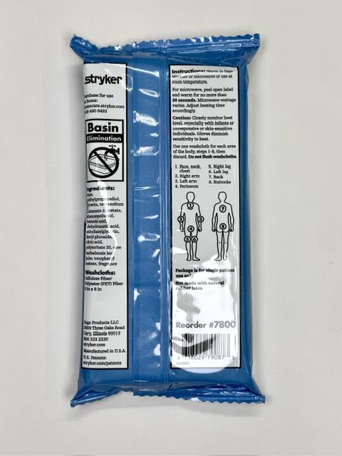 In-stock Stryker Sage 7800 no-rinse body bathing cloths ready for local pickup at Lexicon Medical Supply in Tucson, AZ.