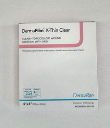 A Box of DermaFilm 00219E X-Thin Clear hydrocolloid wound dressing with grid on a gray background