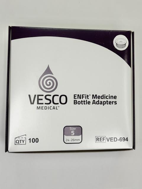 A wholesale case pack of 100 individual Vesco Medical VED-694 ENFit medication bottle adapters.