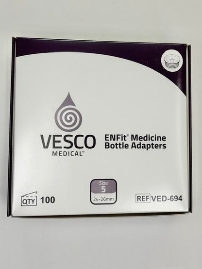 A wholesale case pack of 100 individual Vesco Medical VED-694 ENFit medication bottle adapters.