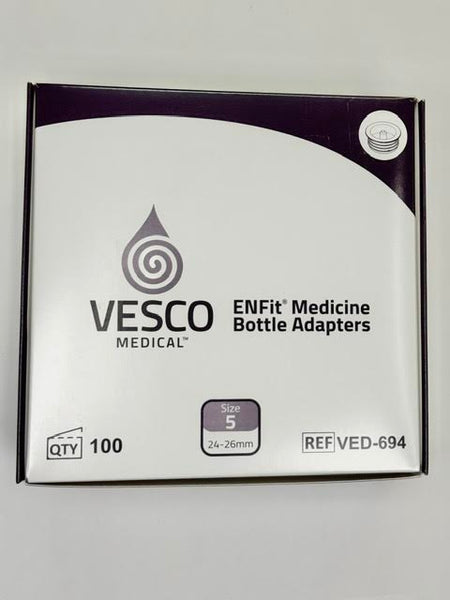 A wholesale case pack of 100 individual Vesco Medical VED-694 ENFit medication bottle adapters.