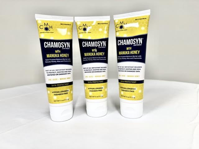 A 3 tubes of Chamosyn skin barrier ointment with moisture-shielding Manuka honey at Lexicon Medical Supply.