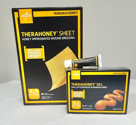 Medline Therahoney medical grade Manuka honey wound care gel and sheet dressings at Lexicon Medical Supply.