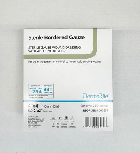 A box of 25 DermaRite 00262E sterile bordered gauze adhesive dressings 4 x 4 inch at Lexicon Medical Supply.