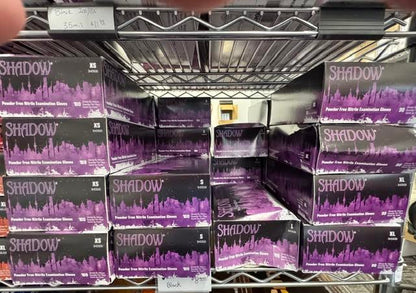 Boxes of Adenna Shadow black nitrile powder-free examination gloves at Lexicon Medical Supply.