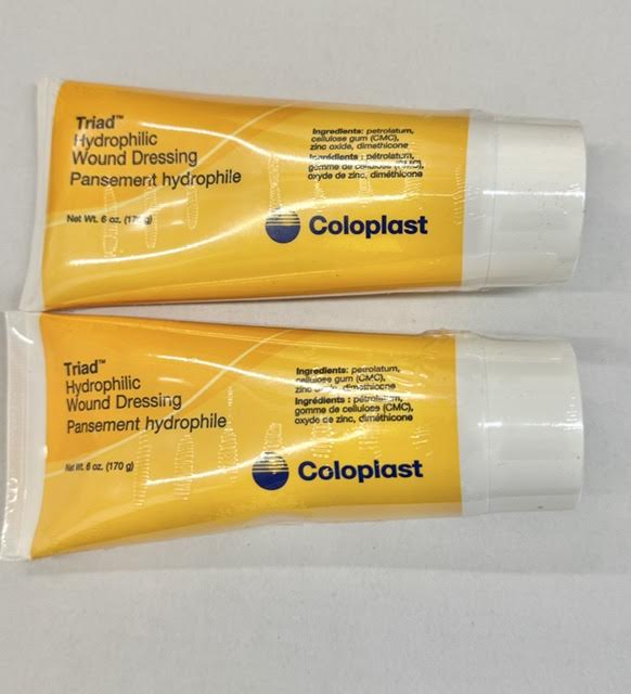 Two 6 oz tubes of Coloplast Triad 1967 hydrophilic wound dressing paste at Lexicon Medical Supply.