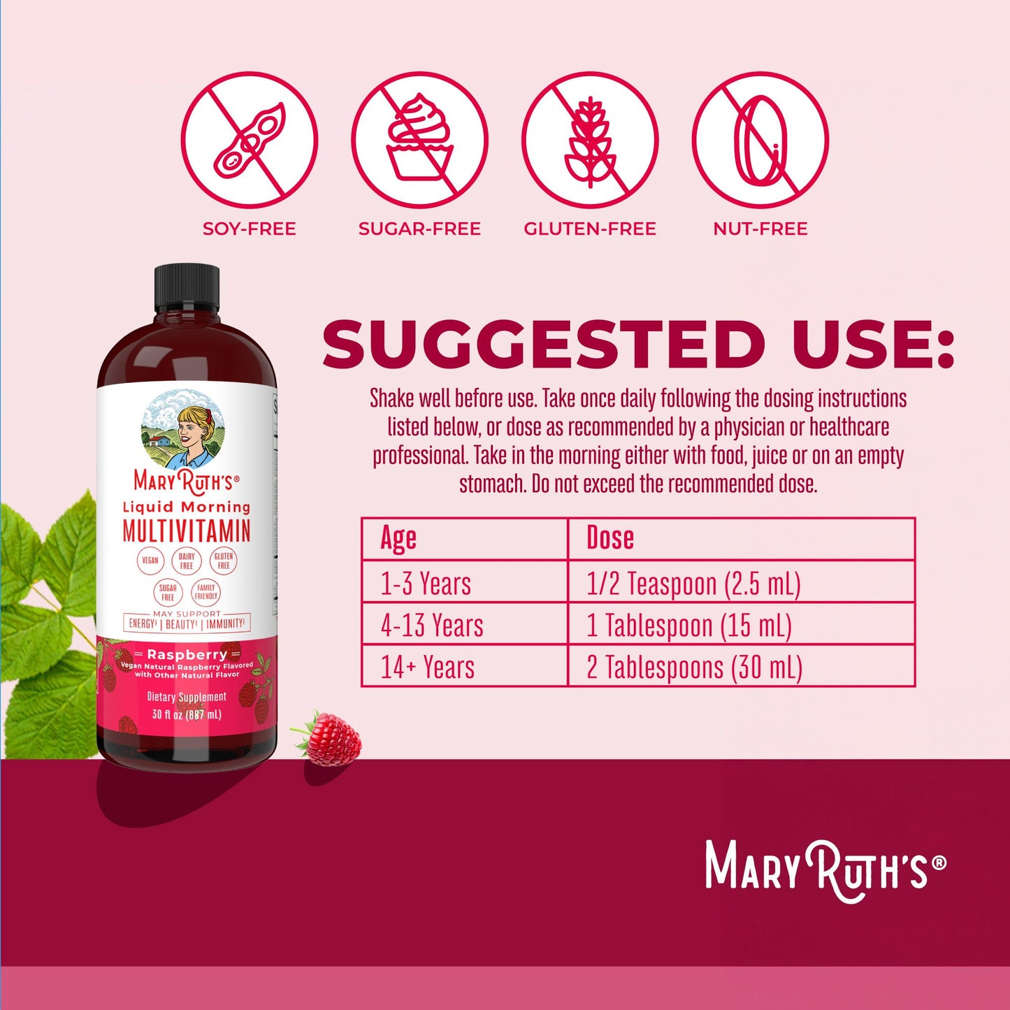 Mary Ruth's™ Liquid Morning Multivitamin, Raspberry Flavor, 30-ounce Bottle