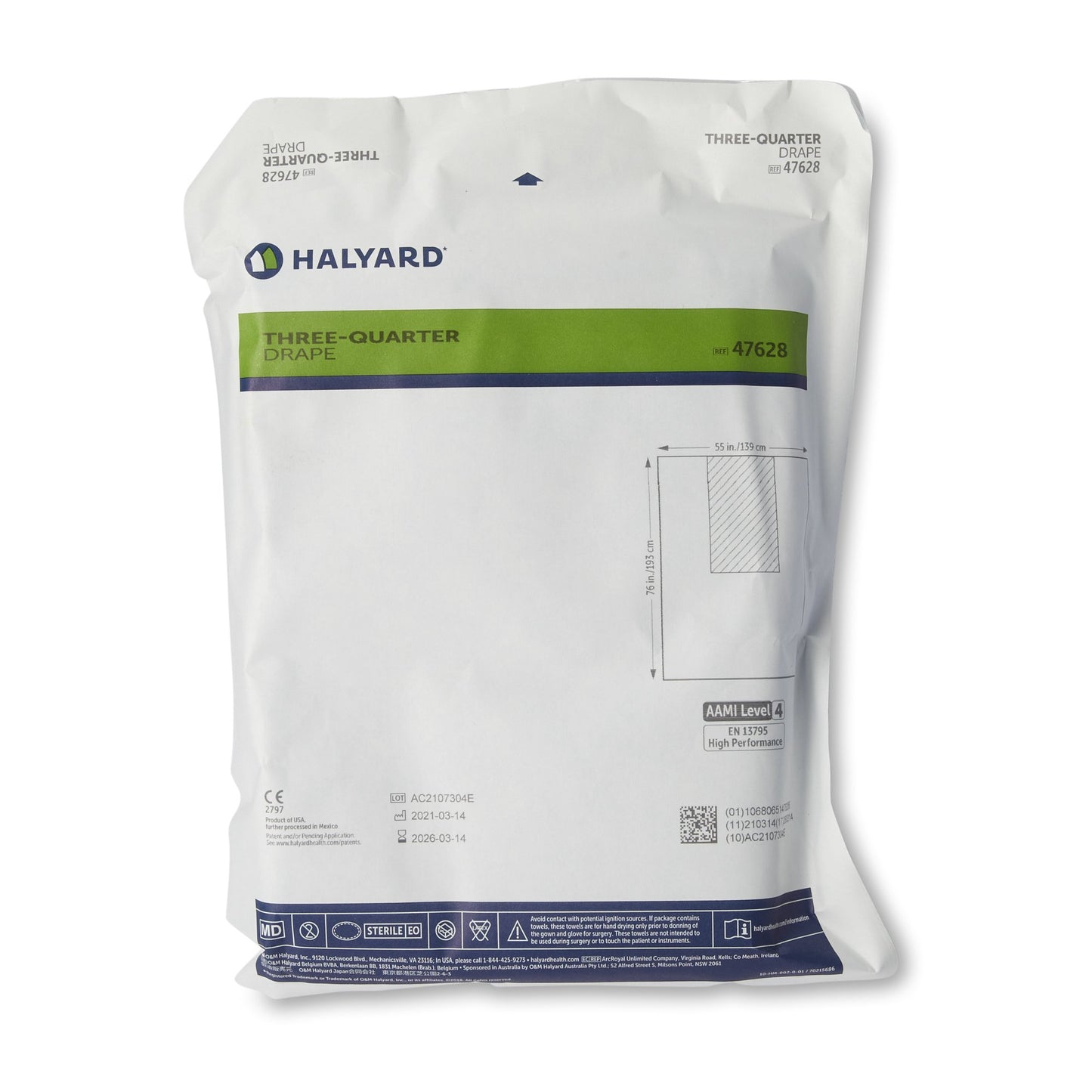 Halyard Sterile Three-Quarter Drape, 55 x 76 Inch, Blue