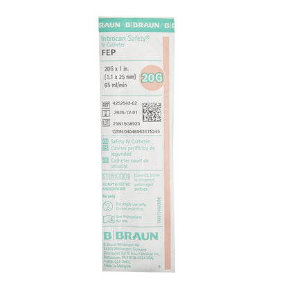 Introcan Safety® Peripheral IV Catheter, 20 Gauge, Straight