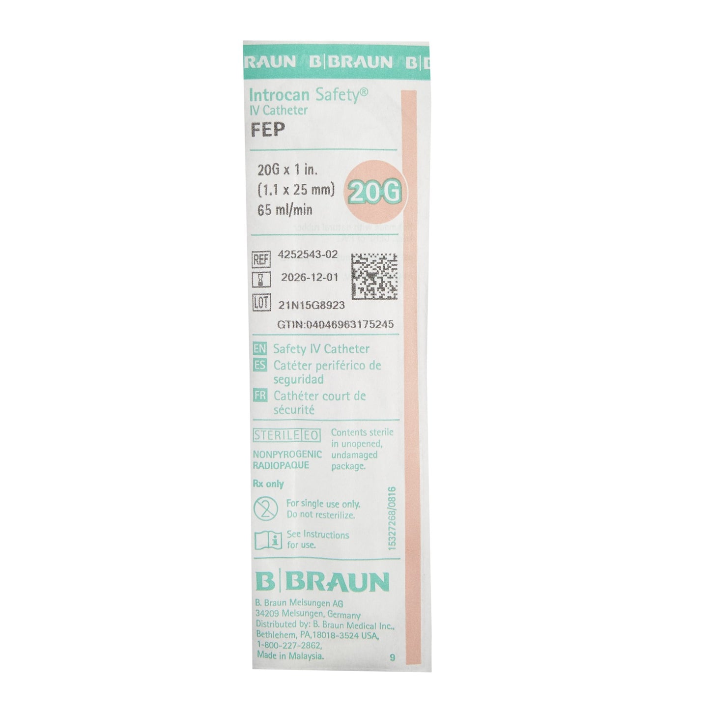 Introcan Safety® Peripheral IV Catheter, 20 Gauge, Straight