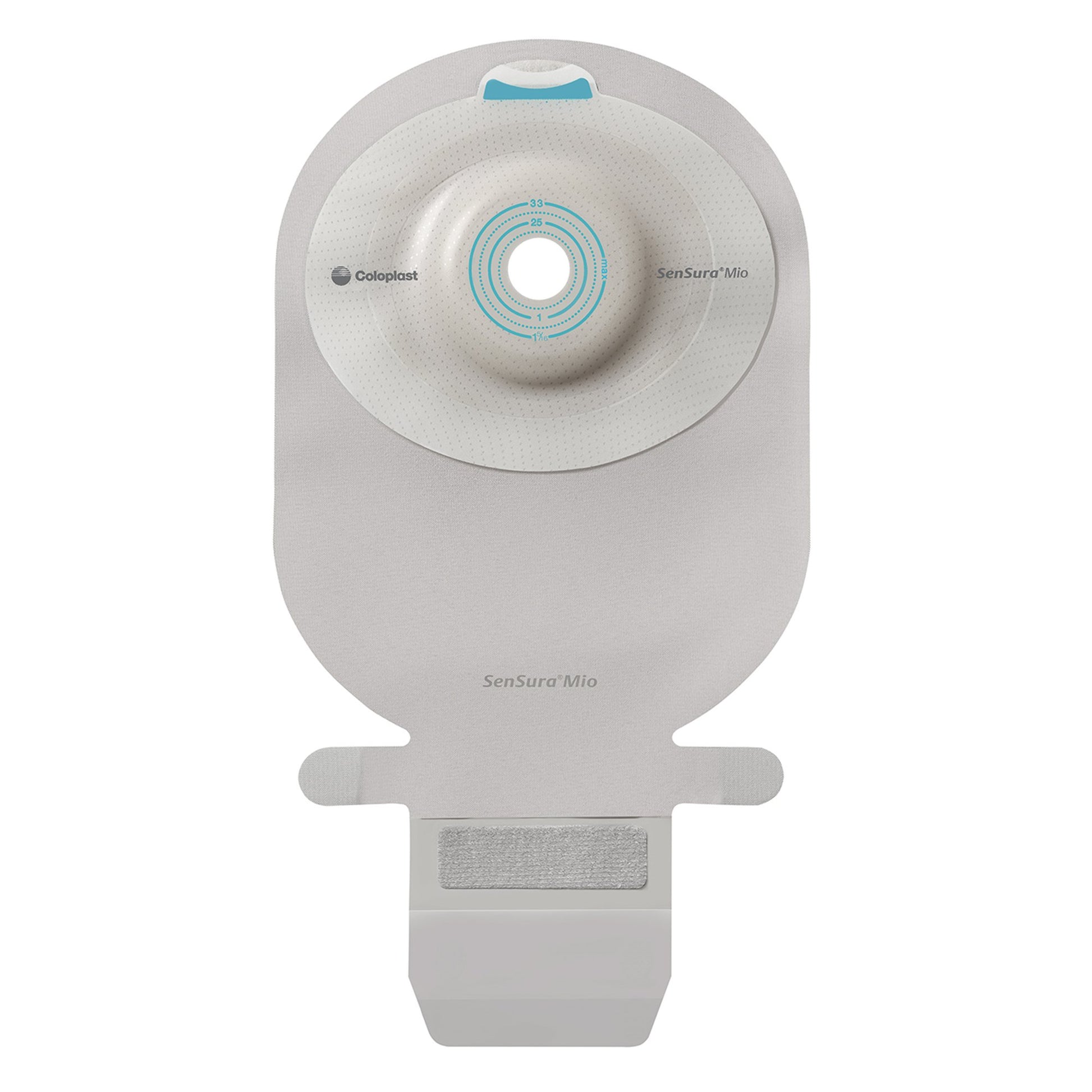 Coloplast 16715 SenSura Mio one piece ostomy pouch showing the transparent bag design and EasiClose wide outlet