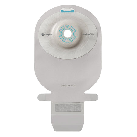 Coloplast 16715 SenSura Mio one piece ostomy pouch showing the transparent bag design and EasiClose wide outlet
