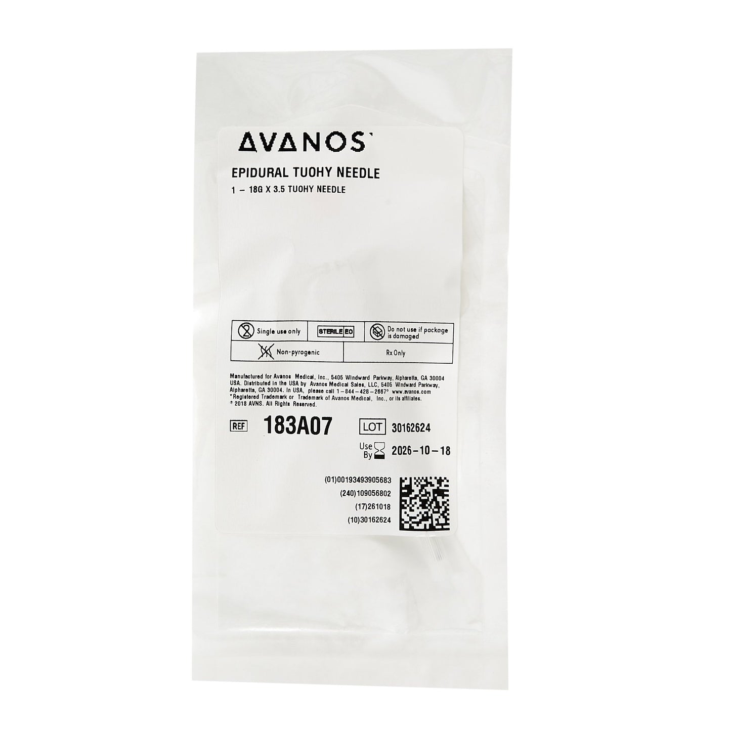 Epidural Needle AVANOS* Tuohy Style 18 Gauge 3-1/2 Inch Sterile