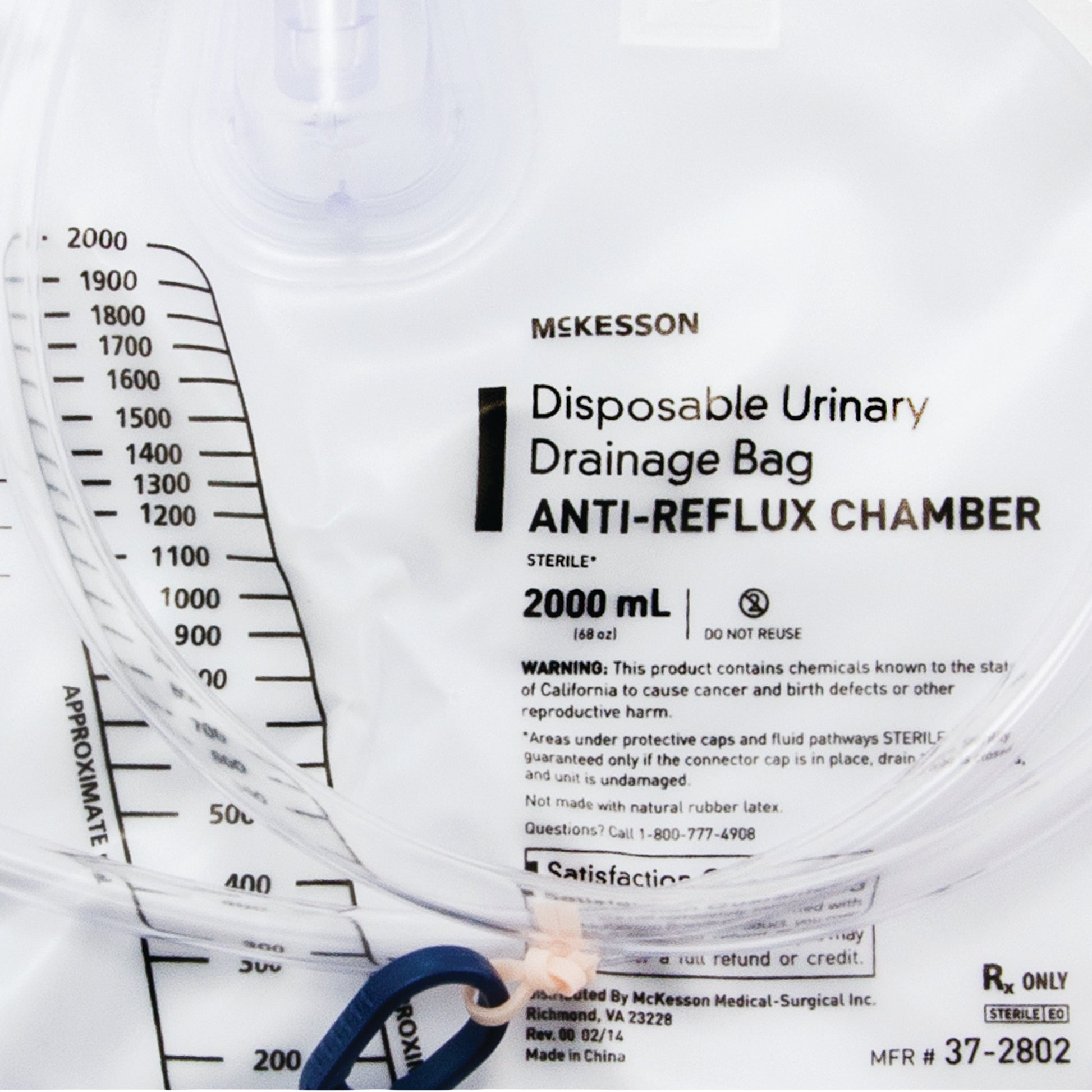 McKesson 37-2802 Anti-Reflux Valve Sterile 2,000 mL Vinyl urinary drain bag by McKesson Brand product image - view 2
