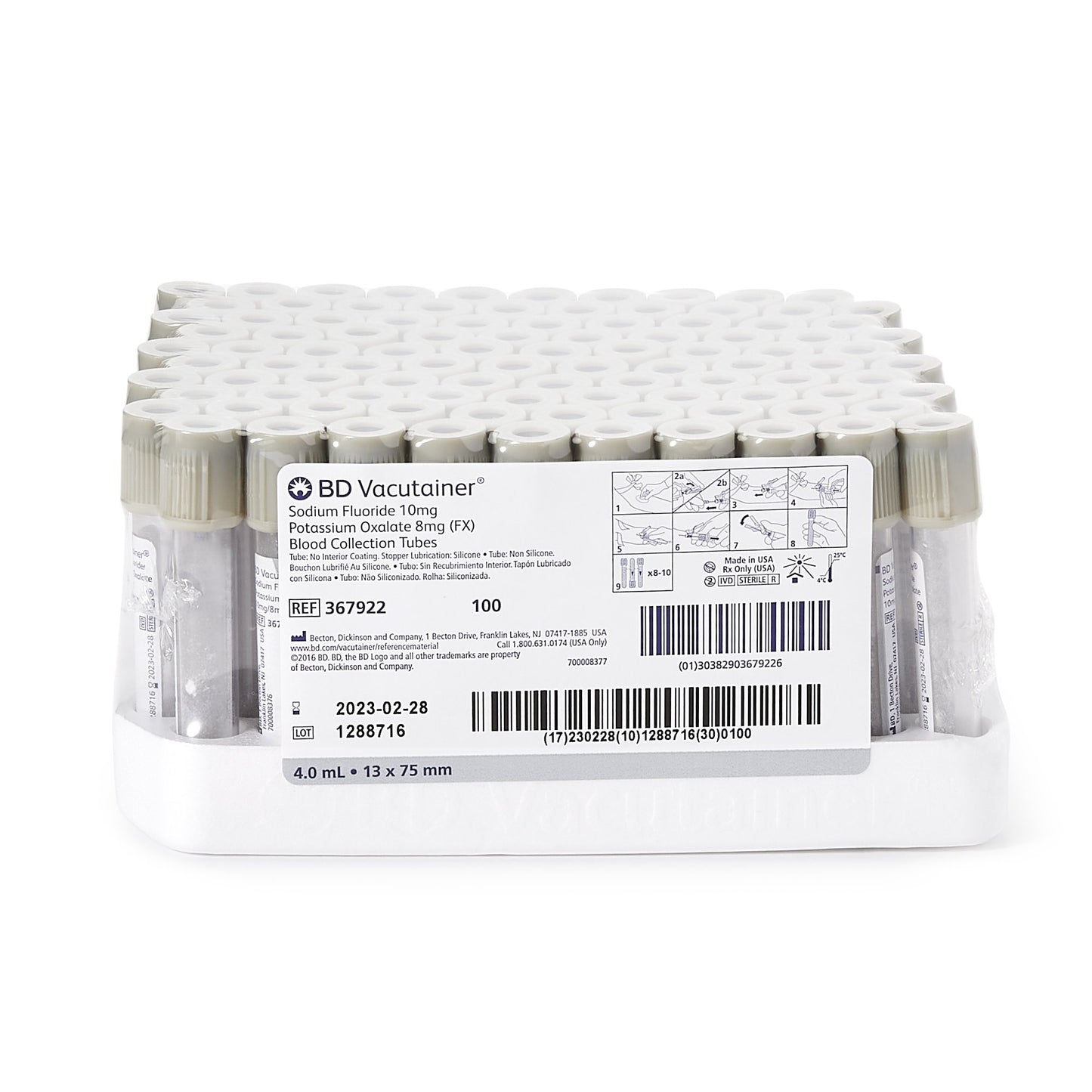 BD 367922 Vacutainer Venous Blood Collection Tube Sodium Fluoride / Potassium Oxalate Additive 4 mL BD Hemogard Closure.