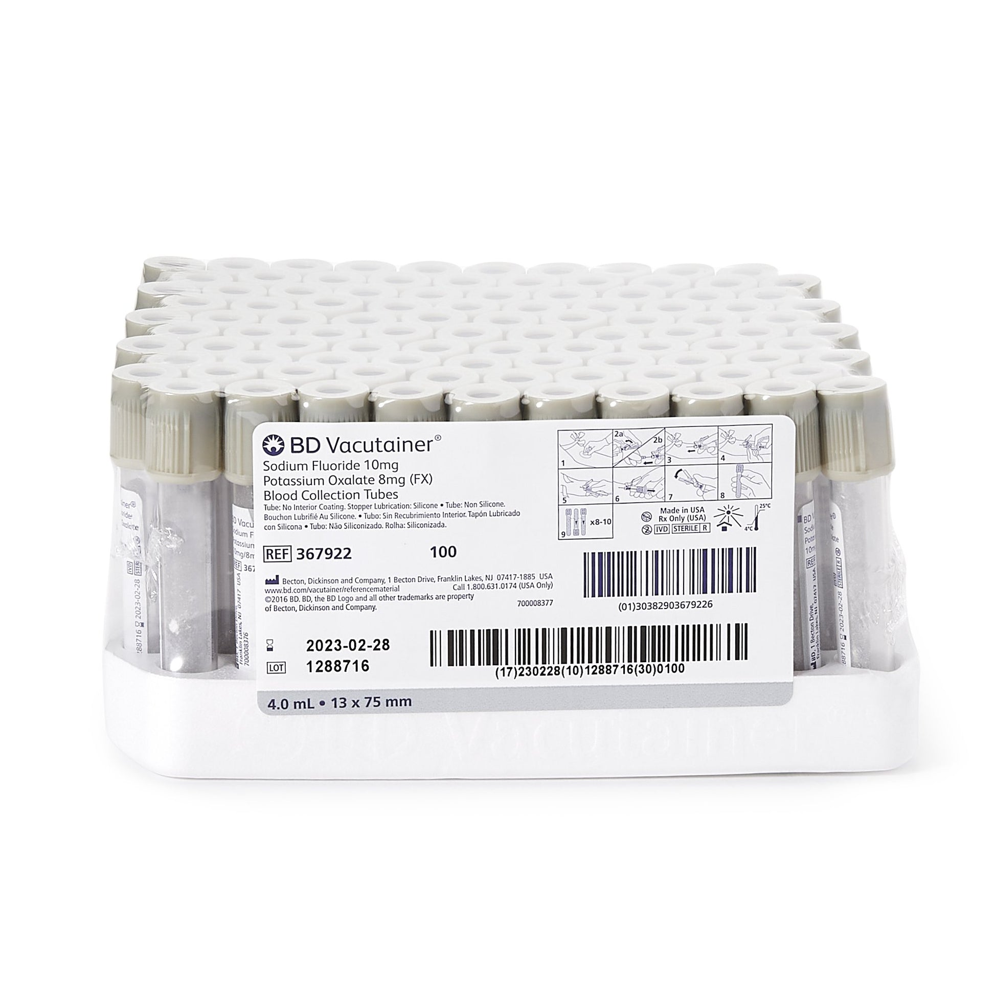 BD 367922 Vacutainer Venous Blood Collection Tube Sodium Fluoride / Potassium Oxalate Additive 4 mL BD Hemogard Closure.