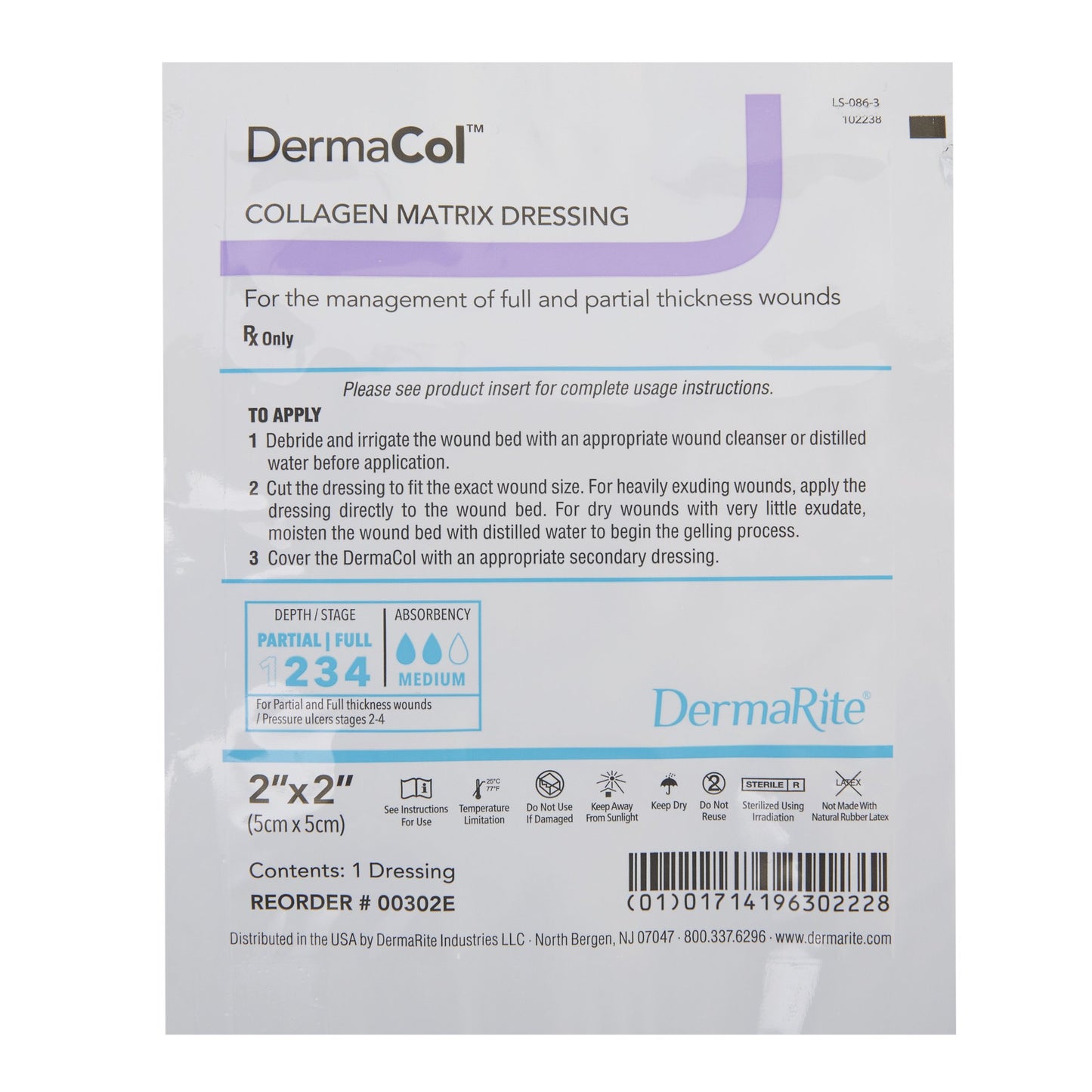 Product specifications label for Dermarite DermaCol advanced collagen matrix dressing model 00302e