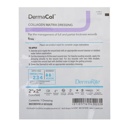 Product specifications label for Dermarite DermaCol advanced collagen matrix dressing model 00302e