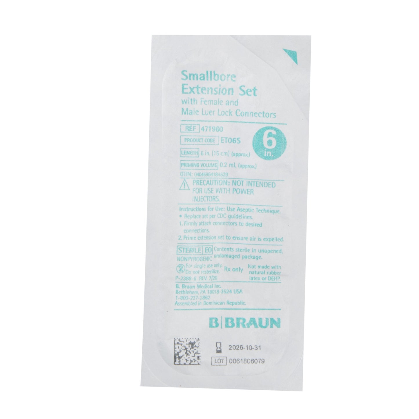 B. Braun 471960 IV Extension Set Small Bore 6 Inch Tubing Without Filter Sterile