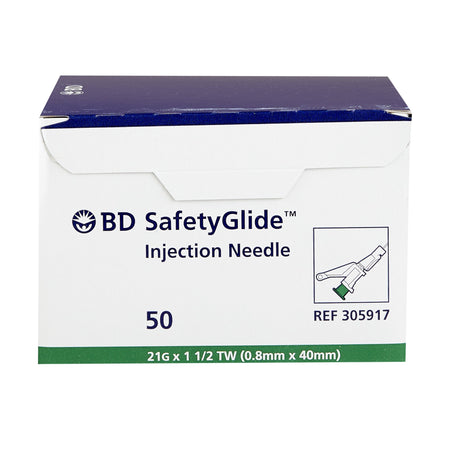 BD 305917 SafetyGlide Hypodermic Needle, 21 Gauge, 1-1/2 Inch Length, Straight Style