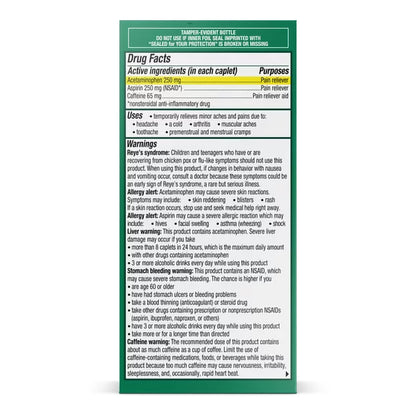 Pain Relief Excedrin® Extra Strength 250 mg - 250 mg - 65 mg Strength Acetaminophen / Aspirin / Caffeine Capsule 100 per Bottle