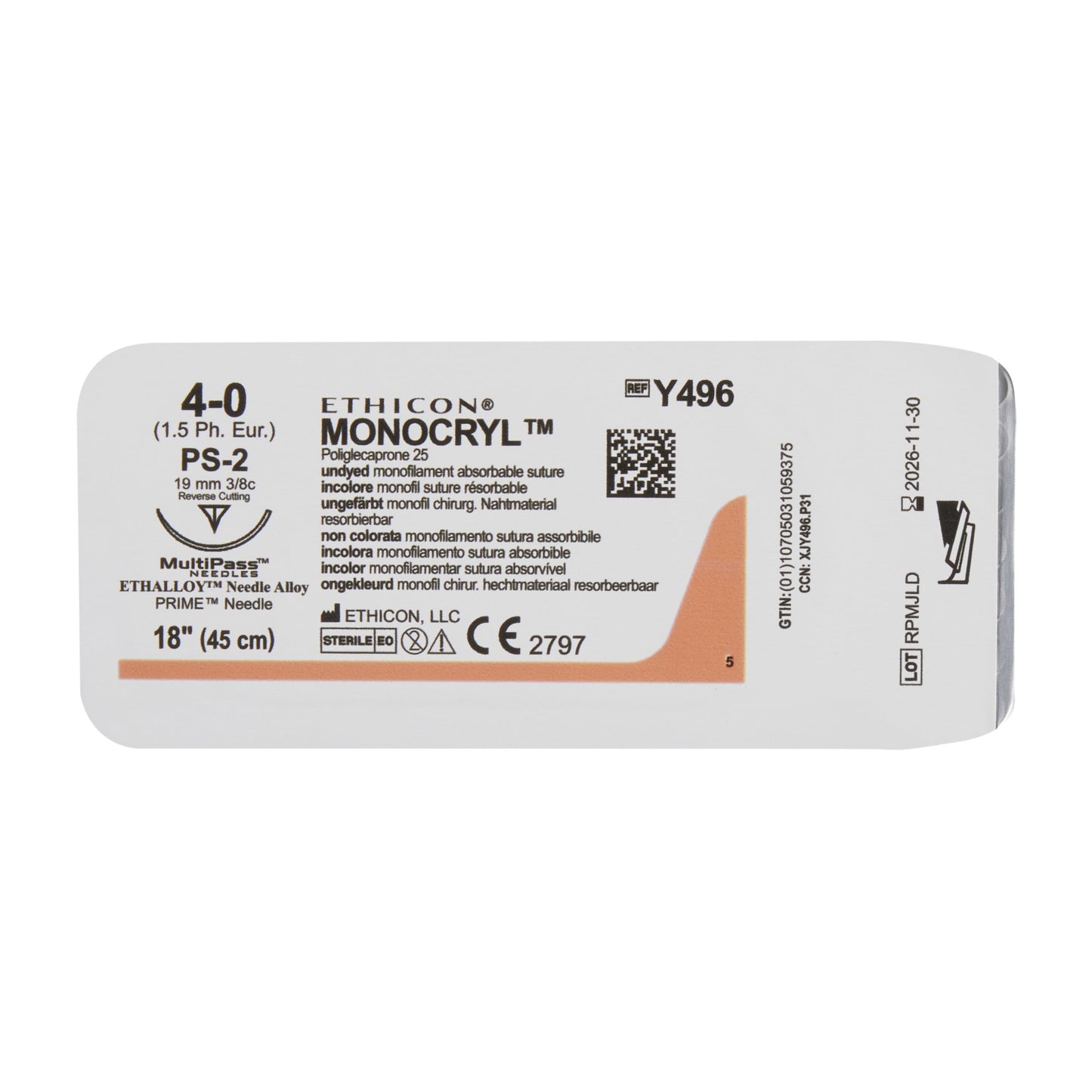 Ethicon Absorbable Suture with Needle Monocryl™ Poliglecaprone PS-2 3/8 Circle Precision Reverse Cutting Needle Size 4-0 Monofilament