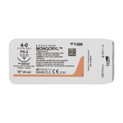 Ethicon Absorbable Suture with Needle Monocryl™ Poliglecaprone PS-2 3/8 Circle Precision Reverse Cutting Needle Size 4-0 Monofilament