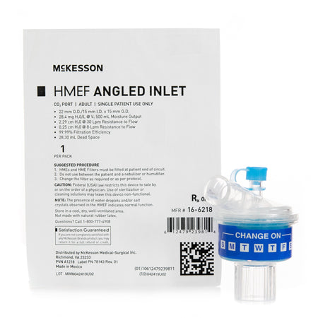 McKesson 16-6218 Heat and Moisture Exchanger with Filter 28.4 mg H2O / L @ VT 500 mL 2.29 cm H₂O @ 30 LPM