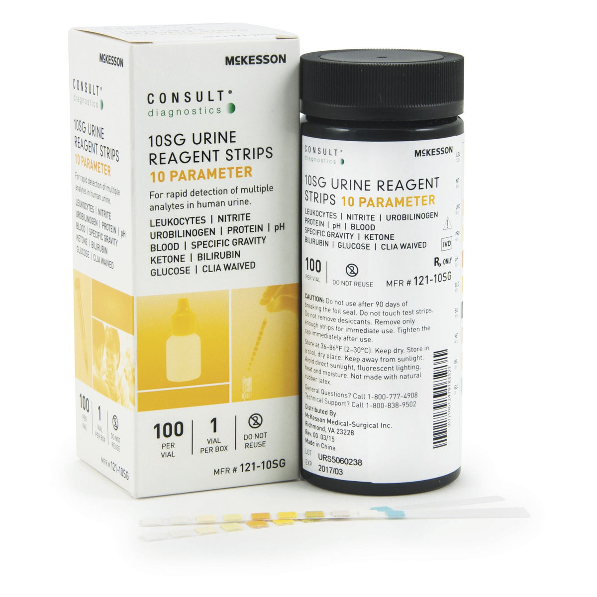 A retail vial and box of 100 McKesson 121-10SG Consult 10-parameter urine reagent test strips at Lexicon Medical Supply.