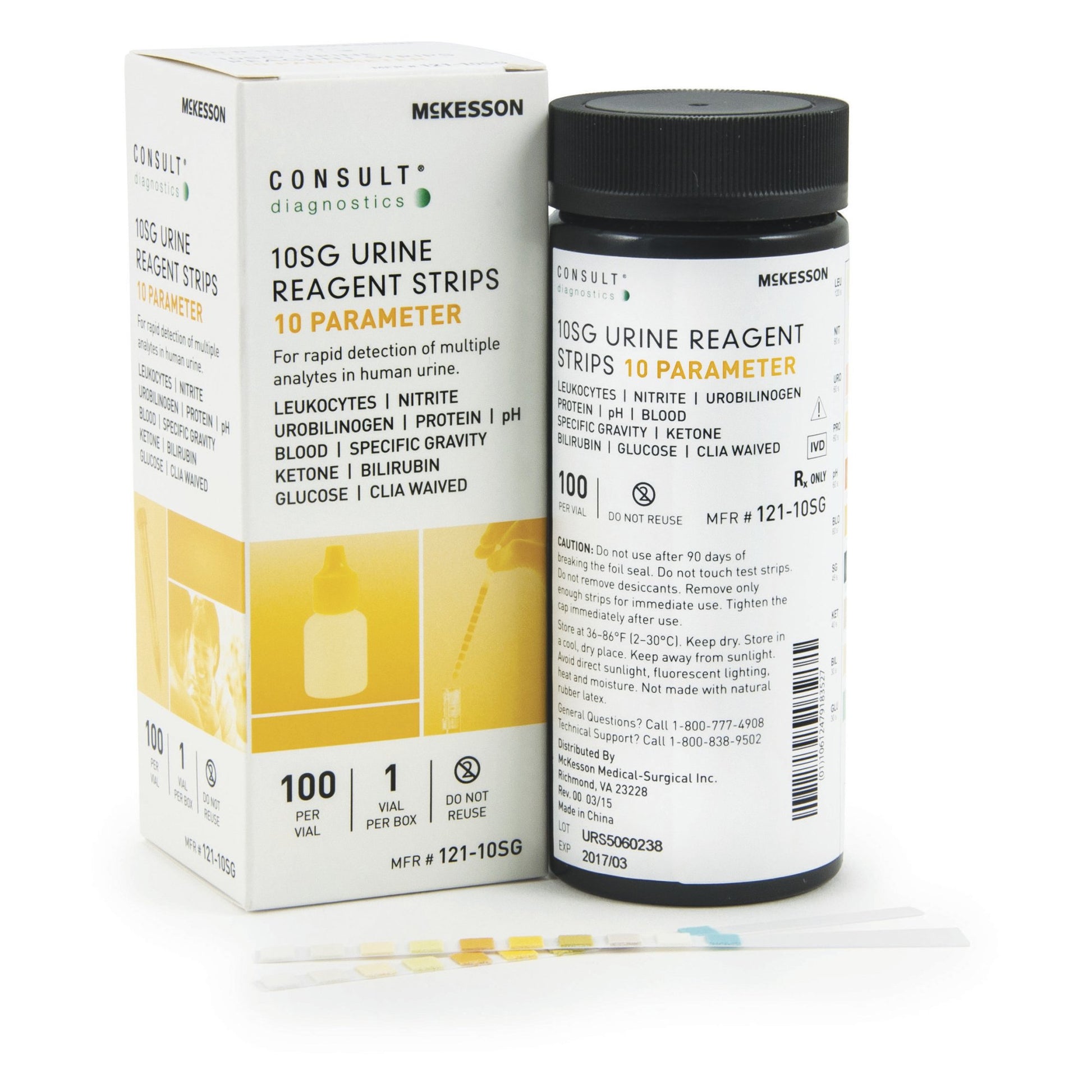 A retail vial and box of 100 McKesson 121-10SG Consult 10-parameter urine reagent test strips at Lexicon Medical Supply.