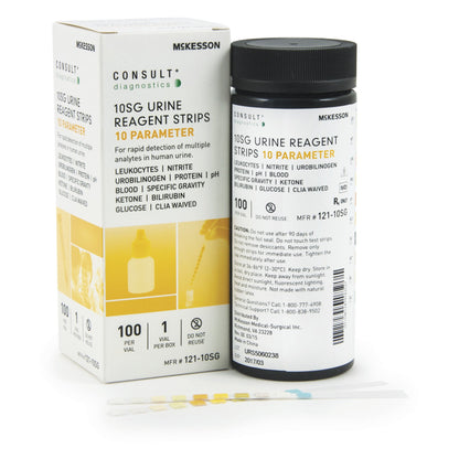 A retail vial and box of 100 McKesson 121-10SG Consult 10-parameter urine reagent test strips at Lexicon Medical Supply.