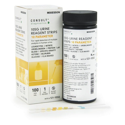 A retail vial and box of 100 McKesson 121-10SG Consult 10-parameter urine reagent test strips at Lexicon Medical Supply.