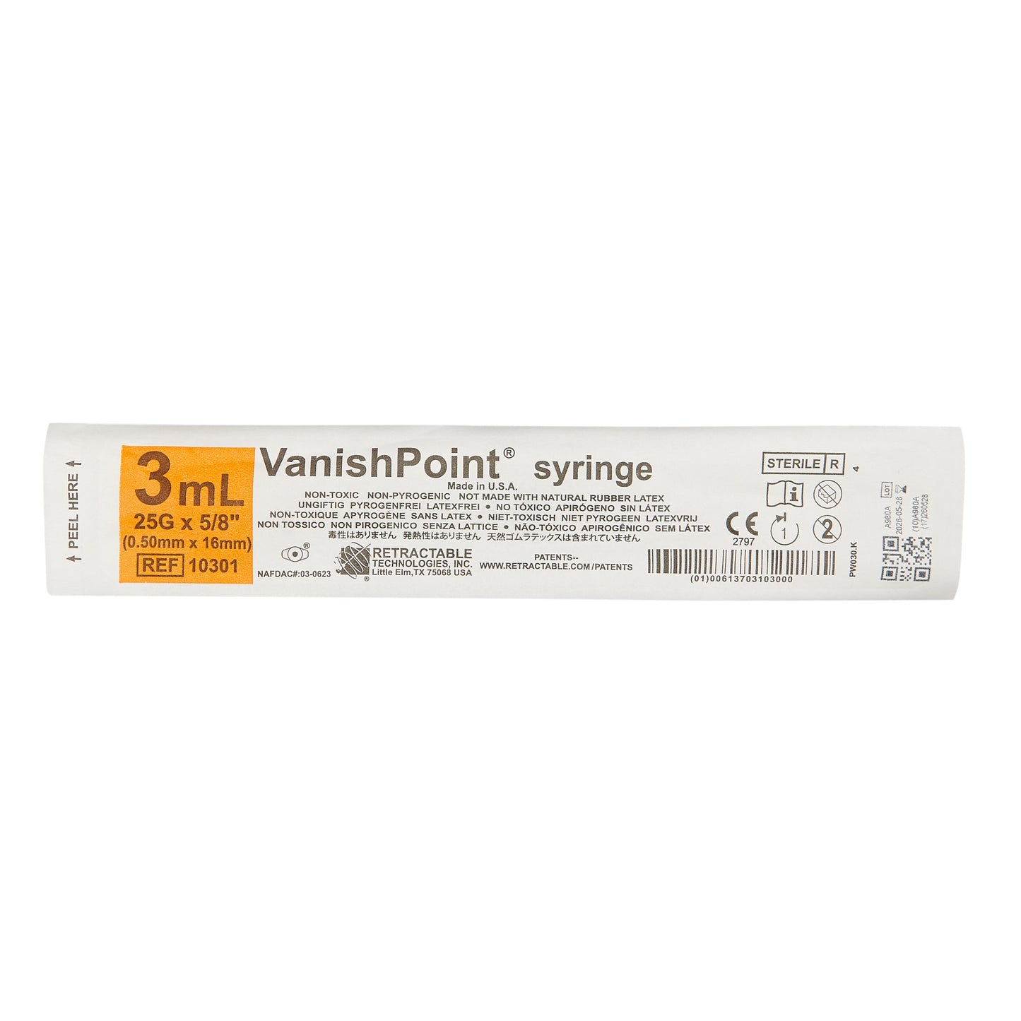 VanishPoint® 3 mL Syringe with Hypodermic Needle, 25 Gauge, 5/8 Inch