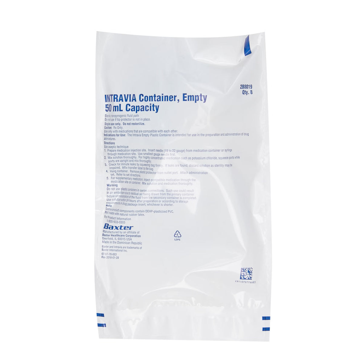 Baxter 2B8019 INTRAVIA container pouch, empty and with 50 mL capacity, featuring blue printed text and logos on a white background.