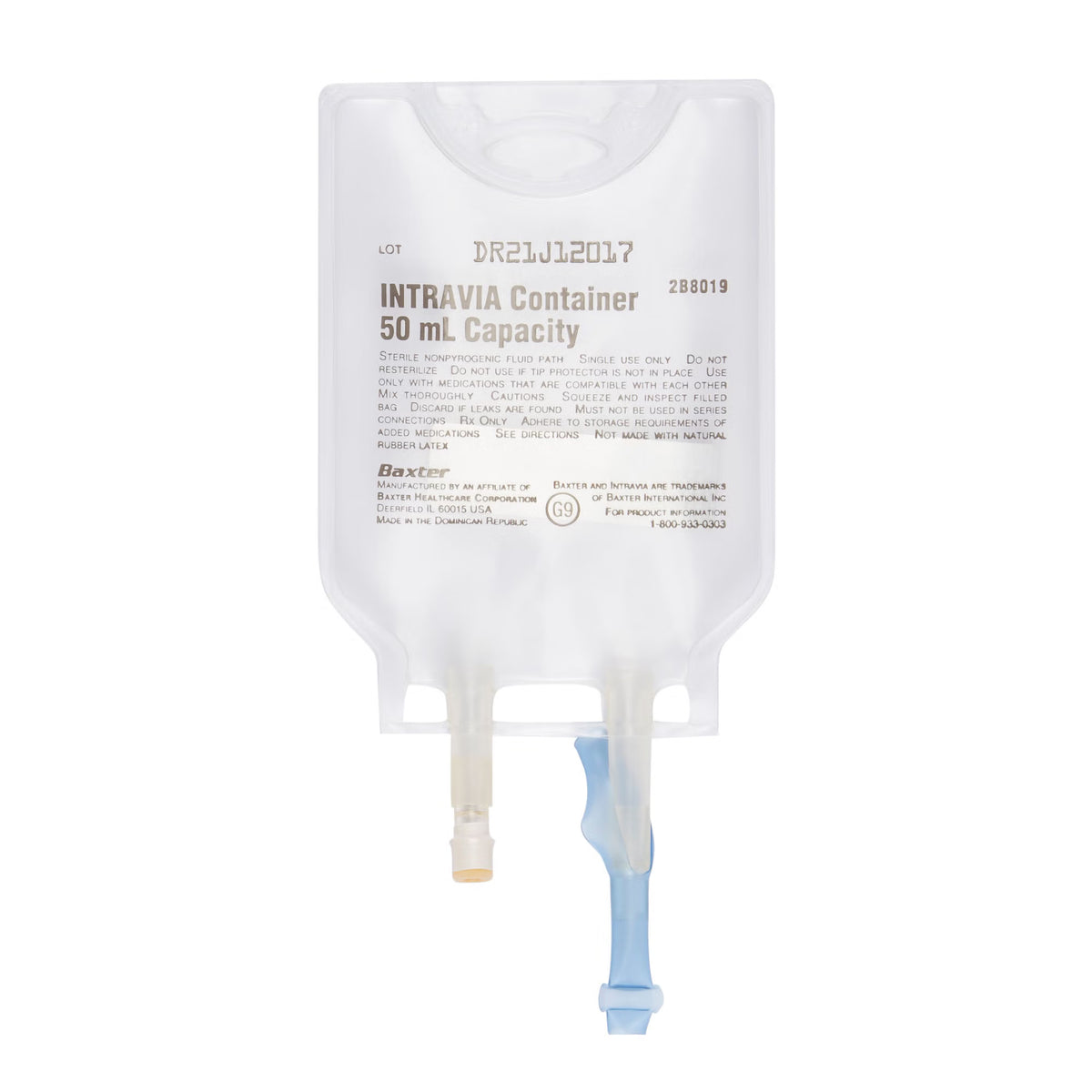 Baxter 2B8019 INTRAVIA empty 50 mL IV medication delivery bag with two PVC ports, 48 per case