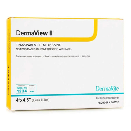 DermaRite 00253E DermaView II Transparent Film Dressing with Border, 4 x 4½ Inch