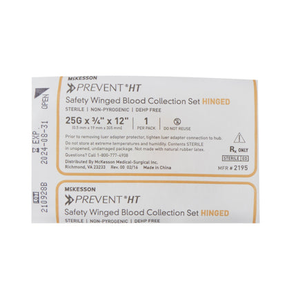 McKesson Prevent® Blood Collection Set, 25 Gauge, ¾-inch needle length